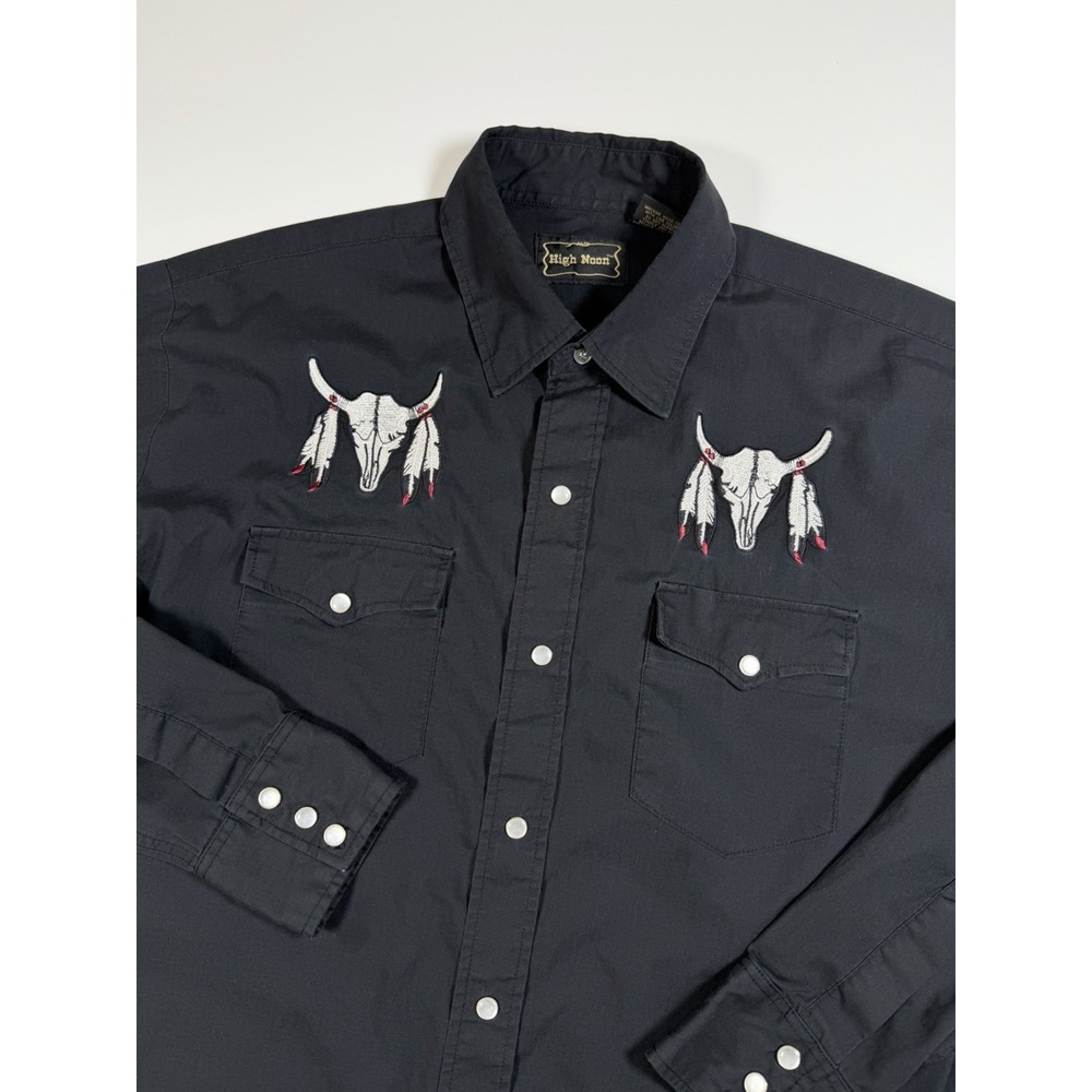 Vintage High Noon Western Shirt Mens M Black Steer Skull Feather Pearl Snap